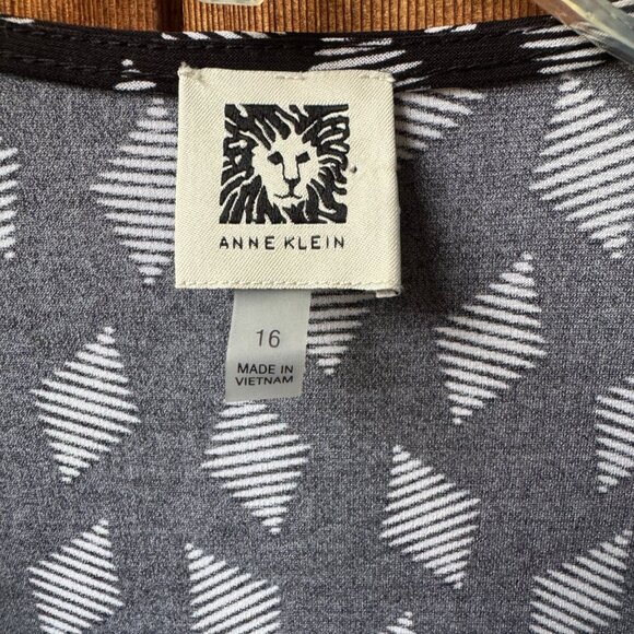 Anne Klein Black/White Geometric Print Stretch Knit Faux Wrap Dress - Women's 16 - Picture 3 of 10
